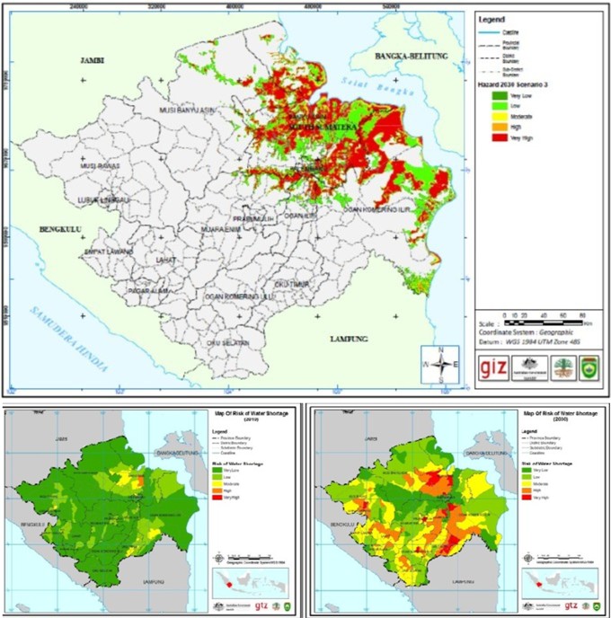 Atas: Peta Penggenangan Pesisir Sumatera Selatan akibat Perubahan Iklim hingga 2030. Bawah: Peta Penurunan Ketersediaan Air di Sumsel saat ini (kiri) dan tahun 2030 (kanan)