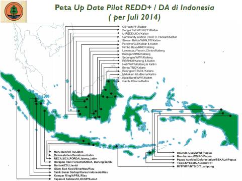 Peta Pilot REDD+ / Demonstration Activities di Indonesia per Juli 2014. [Gambar: Kementerian Kehutanan RI].