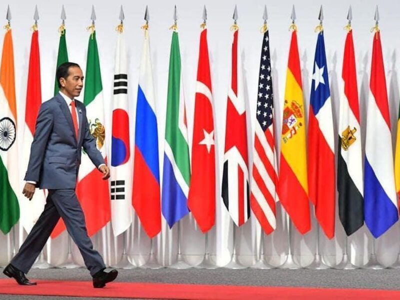 Jokowi melewato bendera negara-negara G20 di Jepang