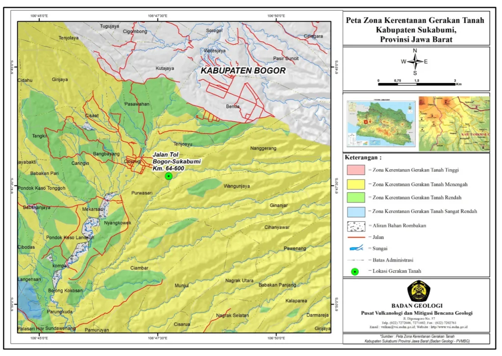 Dampak gerakan tanah di Tol Parungkuda, Sukabumi, Jawa Barat. Dua orang luka-luka, lalu lintas terganggu.