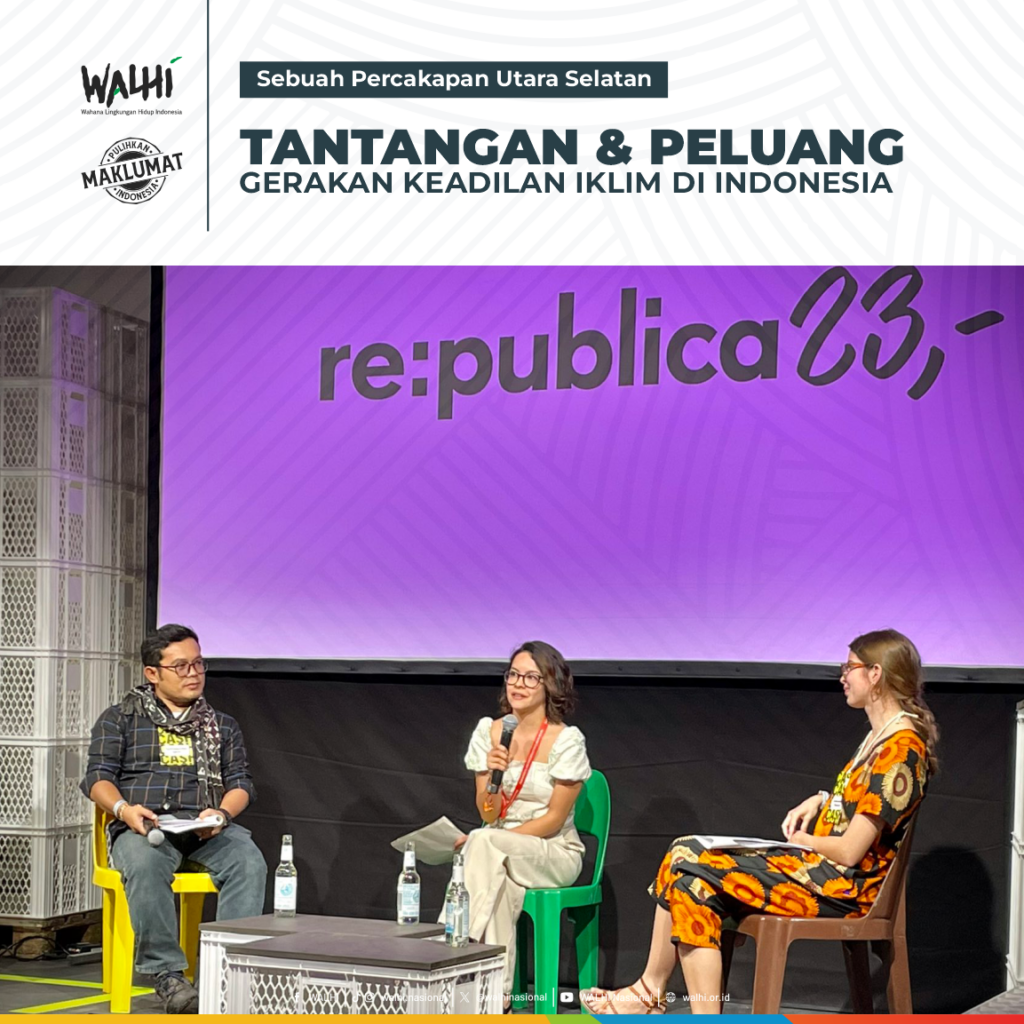 Laura Duarte Reyes, Legal Advisor untuk isu Bisnis dan Hak Asasi Manusia di ECCHR (tengah), Parid Ridwanuddin, Manajer Kampanye Pesisir, Laut, dan Pulau-Pulau Kecil Eksekutif Nasional WALHI (kiri). (Sumber foto: ECCHR 2023)