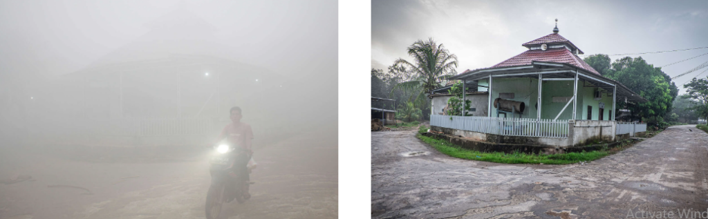Potret Desa Lebung Itam, OKI, Sumatera Selatan sebelum dan setelah asap akibat kebakaran hutan dan lahan gambut (karhutla) memerangkap desa tersebut. (Foto: Abriansyah Liberto/Greenpeace Indonesia)