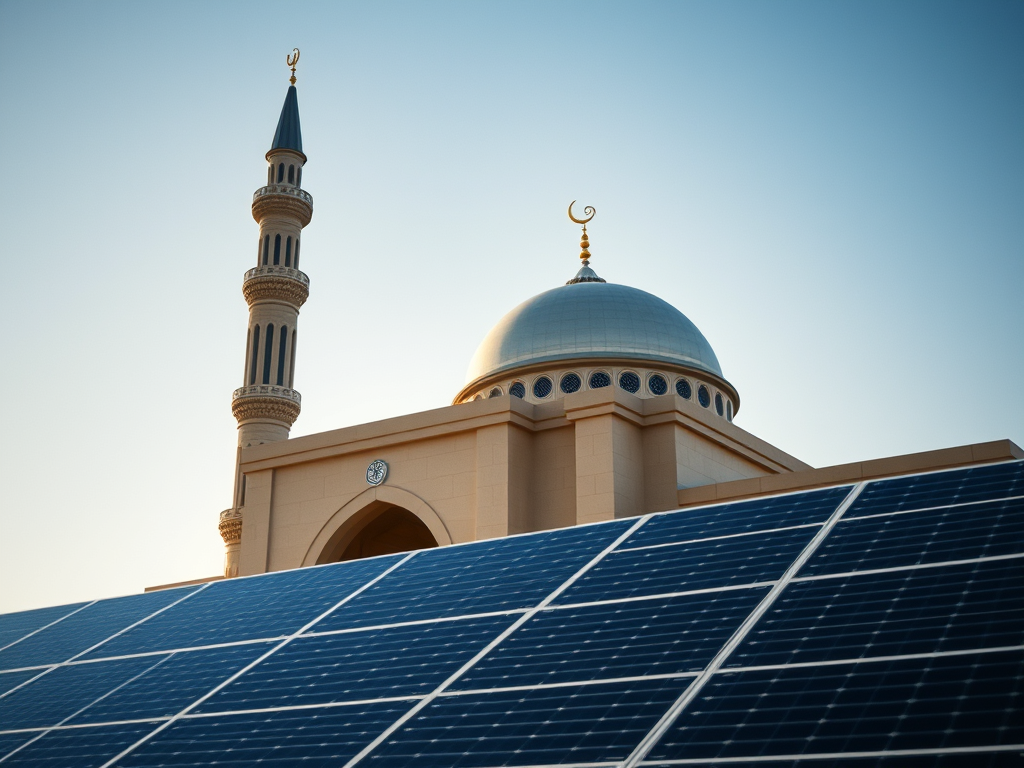 Ilustrasi. Masjid menggunakan panel surya sebagai sumber listrik. (AI)