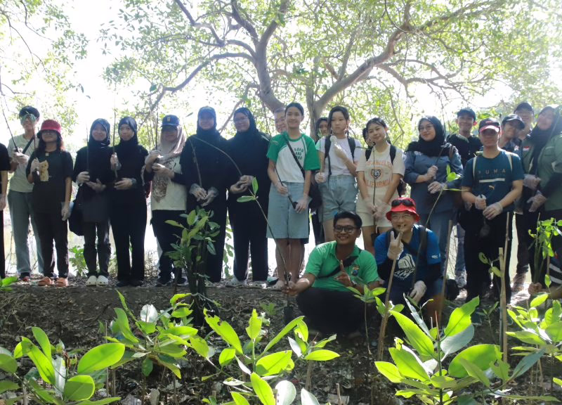 Mahasiswa Prodi Teknik Lingkungan UNAIR dan Nanyang Polytechnic dalam sesi foto bersama sebelum melakukan penanaman mangrove di Ekowisata Mangrove, Rabu (3/9/2025) (Foto: PKIP UNAIR)