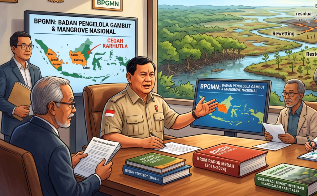 Untuk mengatasi kebakaran hutan, Prabowo membentuk entitas baru: Badan Pengelola Gambut dan Mangrove Nasional (BPGMN).